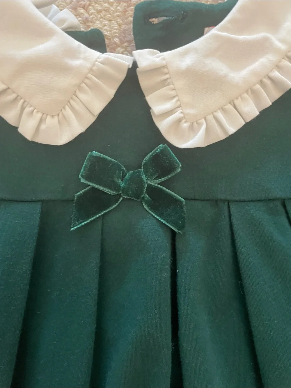 Trotters Forest Green Long-Sleeve Dress with White Ruffle Collar